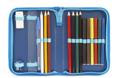 close up of color pencils in pencil case on white background with path