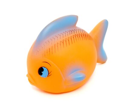close up of orange rubber fish toy on white background with path, shadow not includedの写真素材