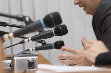 close up of conference meeting speacher gesturesの写真素材