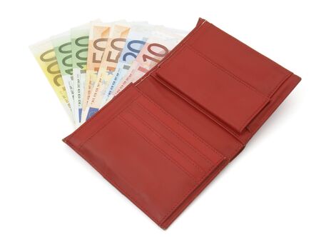 close up of wallet and euro on white background 