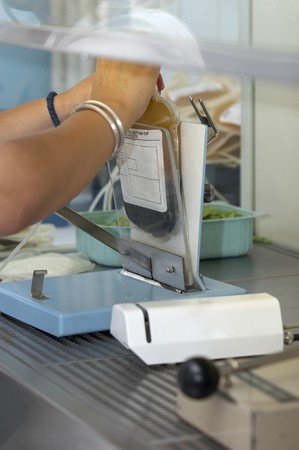 close up of blood bags in blood bank labの写真素材
