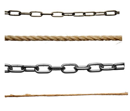 collection of various ropes and chains on white background. each one is in cameras full resolution