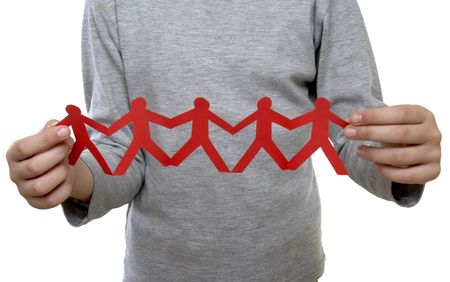 close up of businesswoman and paper people on white background 