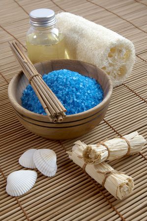 wellbeing concept salt, shellfish and plantsの写真素材