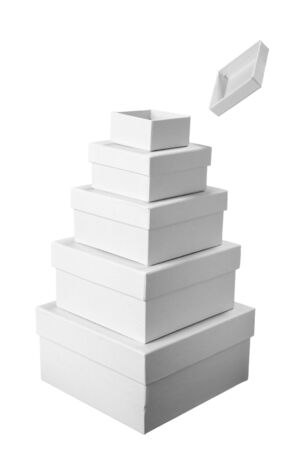 close up stack of white carton  box  package on white background の写真素材