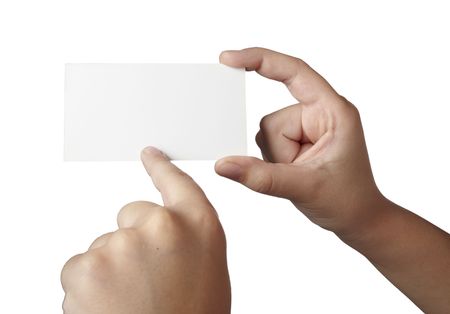 close up of hand holding blank note paper, on white background with clipping path close up of hand holding blank note paper, on white background with clipping path