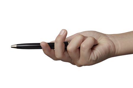 close up of hand holding a pen  on white background with clipping pathの写真素材