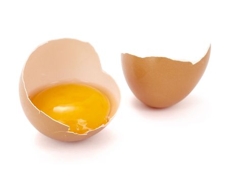 close up of halved broken egg on white background