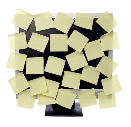 collection of various note papers  on computer monitorの写真素材