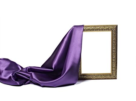 close up of wooden frame cover with silk textured cloth on white backgroundの写真素材
