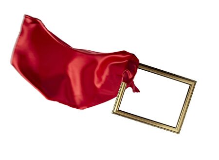 close up of wooden frame cover with silk textured cloth on white background with clipping pathの写真素材