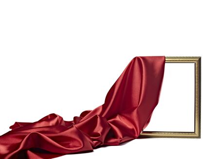 close up of wooden frame cover with silk textured cloth on white backgroundの写真素材