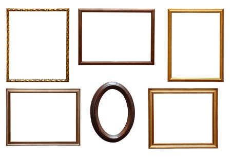 collection of various wooden frames for painting or picture on white background. each one is shot separatelyの写真素材