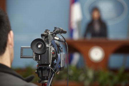 close up of conference meeting and broadcasting cameraの写真素材