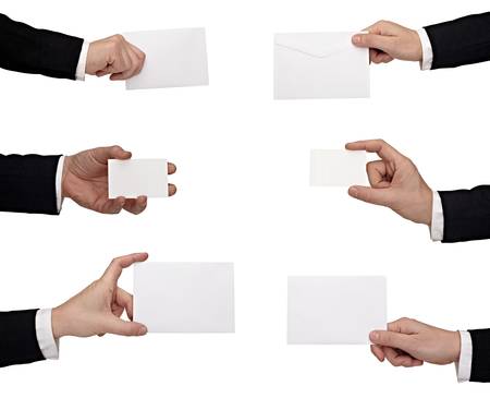 collection of  hands holding blank notes on white background. each one is shot separately