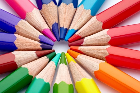 close up  of color pencils on white background の写真素材