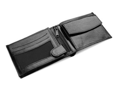 close up of  a black leather wallet on white background 