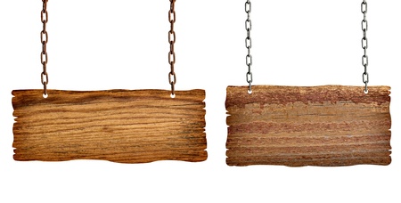 collection of  various wooden signs with chain on white background. each one is shot separatelyの写真素材