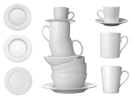 collection white coffee cups, plates and dishes on white background. each one is shot separatelyの写真素材