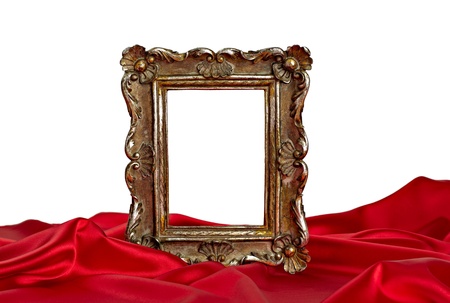 close up of  a wooden frame coverd with silk on white background の写真素材