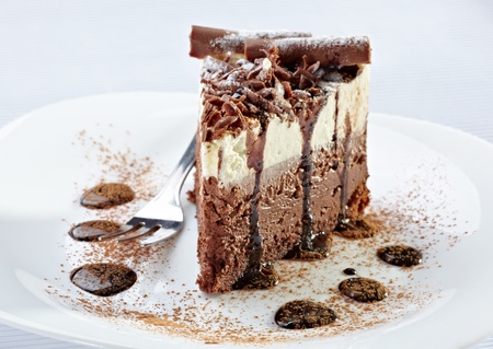 close up of a chocolate cream cake on white plate
