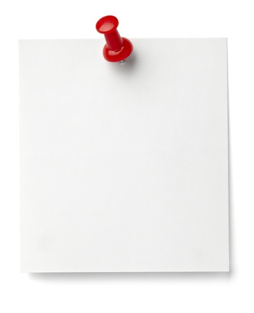 close up of a note paper with push pin on white background の写真素材