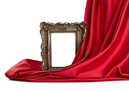 close up of  a wooden frame coverd with silk on white background の写真素材