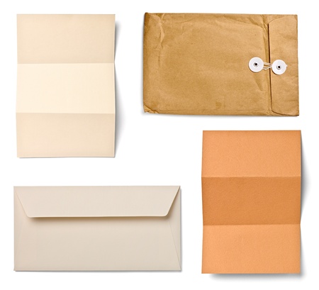 collection of  various grunge papers and envelopes on white background. each one is shot separately