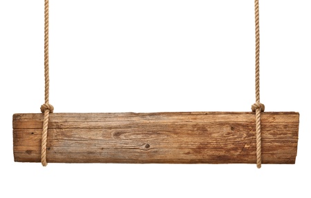 close up of an empty wooden sign hanging on a rope on white backgroundの写真素材
