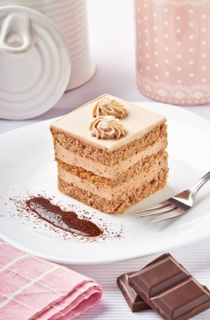 close up of a cream cake on white plateの写真素材