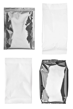 collection of various paper and aluminum bags on white background  each one is shot separatelyの写真素材