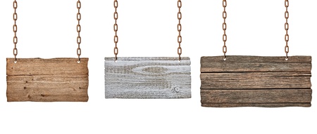 collection of  various wooden signs with chain on white background. each one is shot separatelyの写真素材