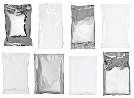 collection of various paper and aluminum bags on white background. each one is shot separatelyの写真素材
