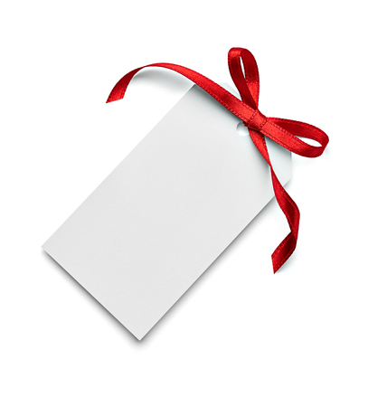 close up of a  note card with ribbon bow on white backgroundの写真素材