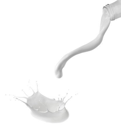 collection of  various milk bottles and  splashes on white backgroundの写真素材