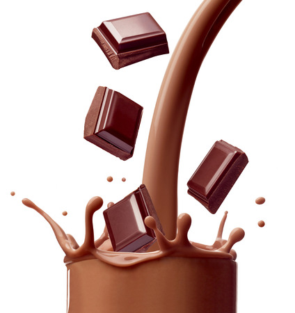 close up of a chocolate milk splash on white backgroundの写真素材