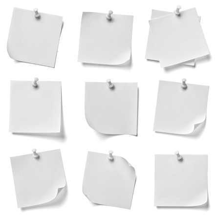 collection of various note paper with a red push pin on white background. each one is shot separatelyの写真素材