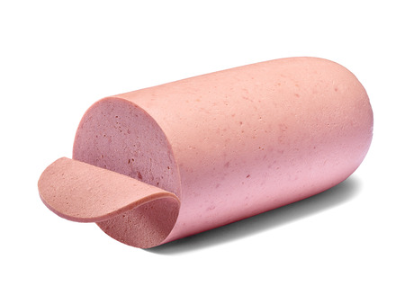 close up of boiled sausage bologna salami ham on white backgroundの写真素材