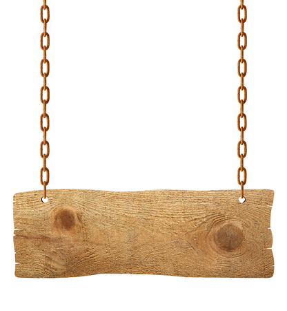 wooden blank sign hanging with chain and rope on white backgroundの写真素材
