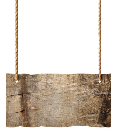 wooden blank sign hanging with chain and rope on white backgroundの写真素材