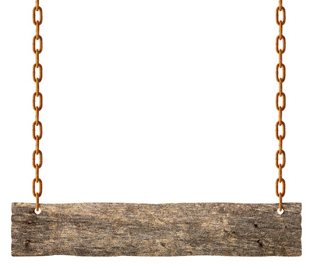 wooden blank sign hanging with chain and rope on white backgroundの写真素材