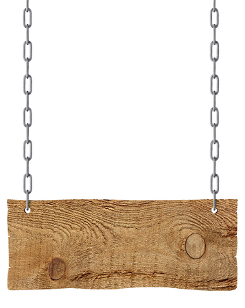 wooden blank sign hanging with chain and rope on white backgroundの写真素材