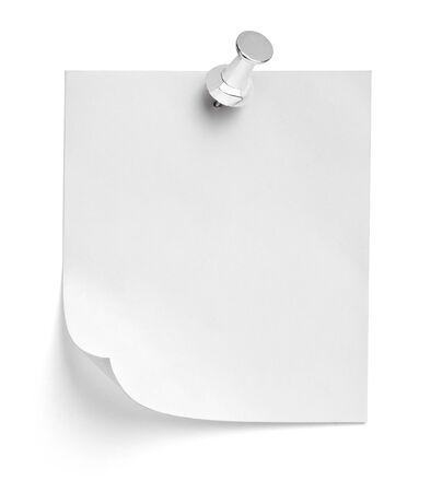 close up of  a note paper with a push pin on white backgroundの写真素材