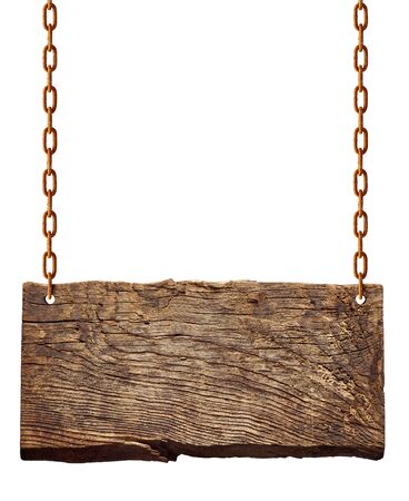 wooden blank sign hanging with chain and rope on white backgroundの写真素材