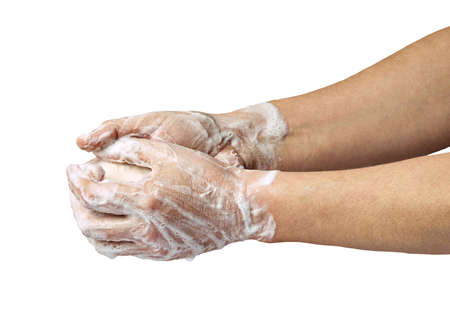 close up of hand washing with soap on white background