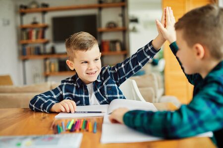 portrait of two boys brothers doing their homework at homeの写真素材