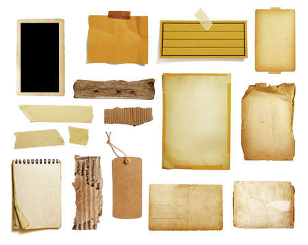 collection of various vintage note paper, tape, price label, wood sign on  white backgroundの写真素材