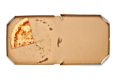close up of a pizza in the box on white backgroubdの写真素材