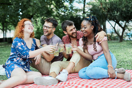 Group of happy young people having a picnic and having a toast with cocktail drinks, having fun...