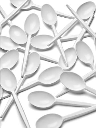 close up of a plastic cutlery spoons on white backgroundの写真素材